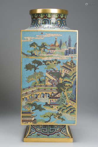 A squared cloisonne landscape vase