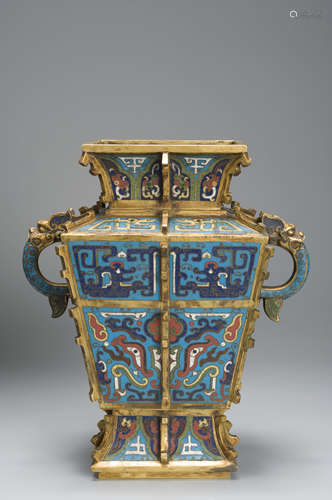 A taotie patterned cloisonne zun with beast shaped ears