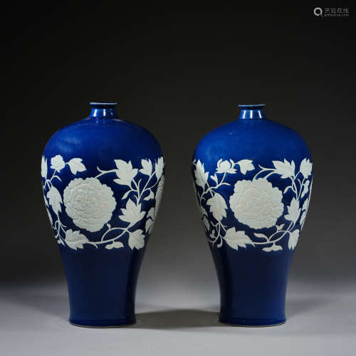 Yuan Dynasty of China,Ji-Blue Glaze White-Traced Peony Flowe...