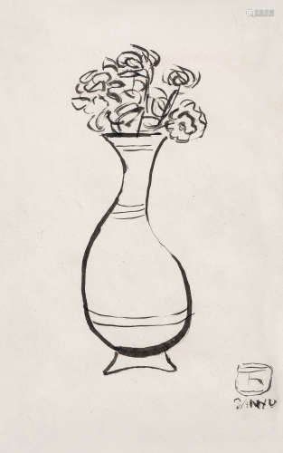 常玉 SANYU (1985-1966) 瓶花 1920-1930 粉色纸 印度水墨