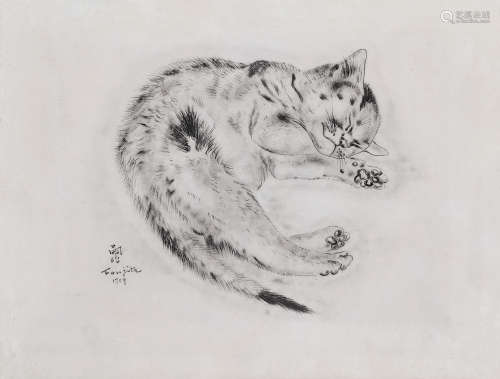 藤田嗣治 TSUGUHARU FOUJITA (1886-1968，日本) 睡猫 1929 石版画