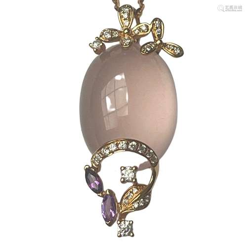 Pendentif en or rose 18 ct orné d'un important quartz rose o...