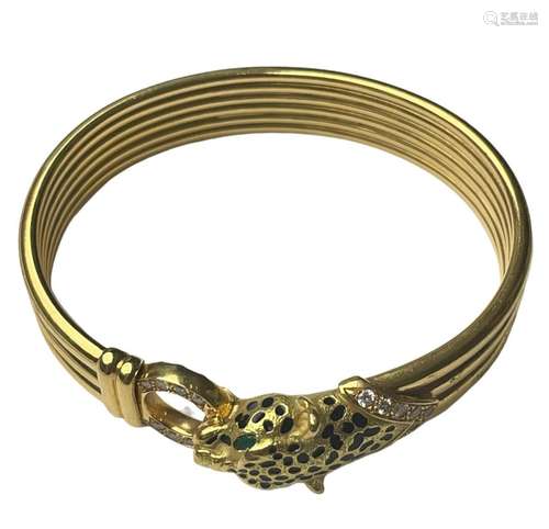 Bracelet en or jaune 18 ct, orné d'une tête de panthère part...