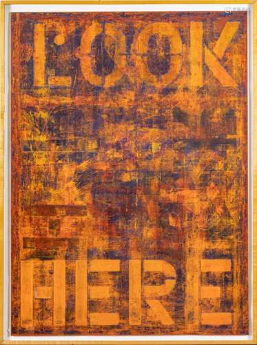 UNSIGNED ACRYLIC & STENCIL ON PAPER, H 59.5", W 44&...