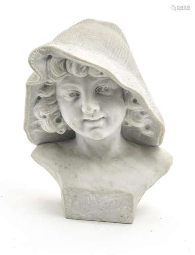 CARVED MARBLE BUST, 20TH C, H 11.5", W 9", CHILD I...