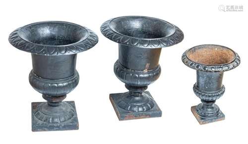 CAST IRON, PAINTED BLACK, GARDEN URNS, 3 PCS, H 18"-22&...