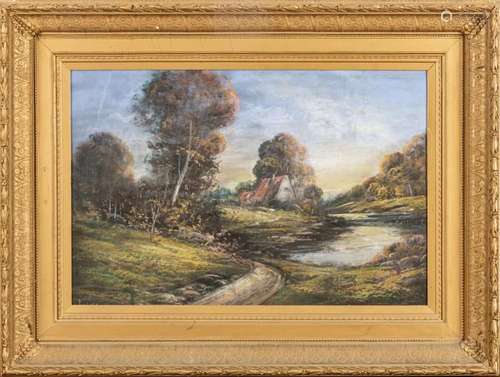 PASTEL ON PAPER, H 24", W 36", LAKESIDE COTTAGE WI...