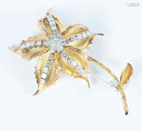 YELLOW GOLD AND DIAMOND FLORAL FORMED BROOCH, L 2.25"