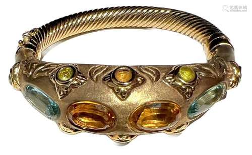 ITALIAN 14KT GOLD, TOPAZ, AQUAMARINE, PERIDOT BANGLE BRACELE...