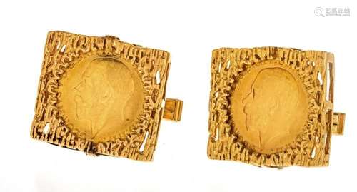 BRITISH GOLD 1911 SOVEREIGN COINS MOUNTED IN 14KT CUFFLINKS,...