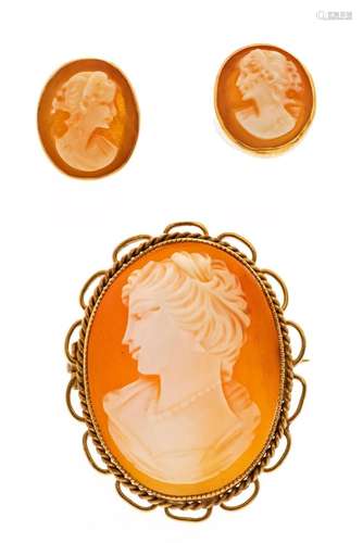 ITALIAN CAMEO BROOCH & EARRINGS, 3 PCS, H 1/2"-1.25...