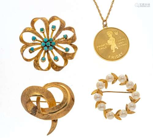 14KT GOLD, PEARL, TURQUOISE BROOCHES & NECKLACE, 4 PCS, ...