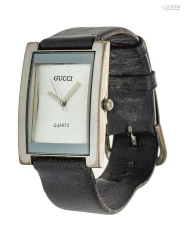 GUCCI QUARTZ, STEEL & LEATHER WRISTWATCH, L 9", T.W...