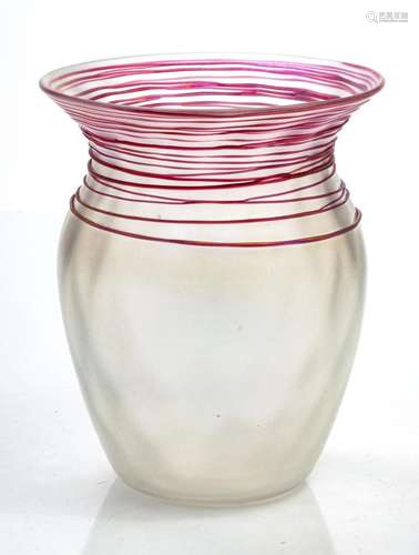 STEUBEN PINK THREADED OPALESCENT GLASS VASE, H 6.5" DIA...