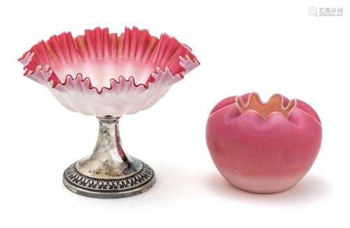 PINK SATIN CASED GLASS COMPOTE STERLING SILVER PLATE BASE AN...