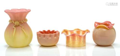 BURMESE AND PEACH BLOW GLASS GROUPING, FOUR PIECES, H 2"...