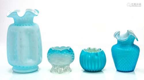 BLUE MOTHER OF PEARL SATIN GLASS VASES AND ROSE BOWLS, FOUR ...