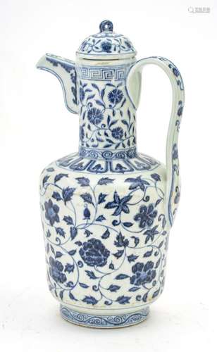 CHINESE BLUE & WHITE PORCELAIN PITCHER, H 15", W 7&...