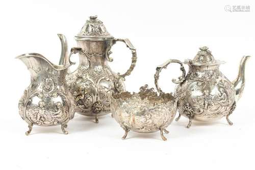 SILVER PLATE TEA SET, C. 1900, 4 PCS, H 3"-6.75"