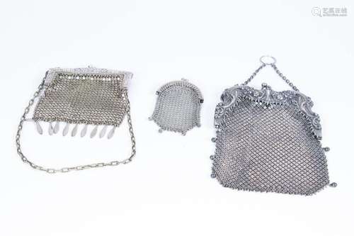 STERLING SILVER MESH HANDBAGS AND COIN PURSE, EARLY 20TH C.,...