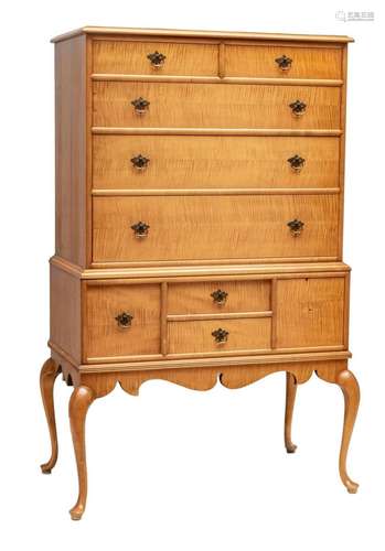 AMERICAN CARVED TIGER MAPLE HIGHBOY, 20TH C., H 60