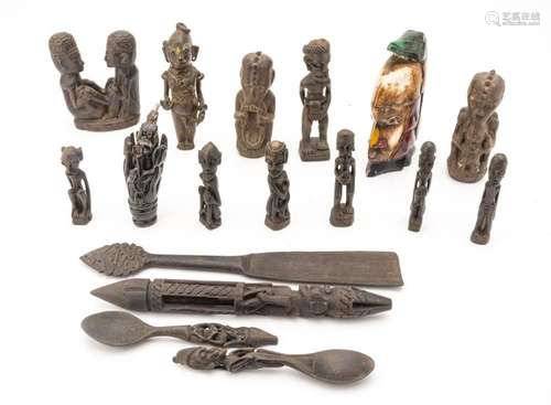 AFRICAN CARVED WOOD, STONE AND BRONZE FIGURAL GROUPING, 20TH...