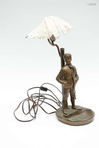 PATINATED METAL FIGURAL TABLE LAMP WITH SHELL SHADE, H 17.25...