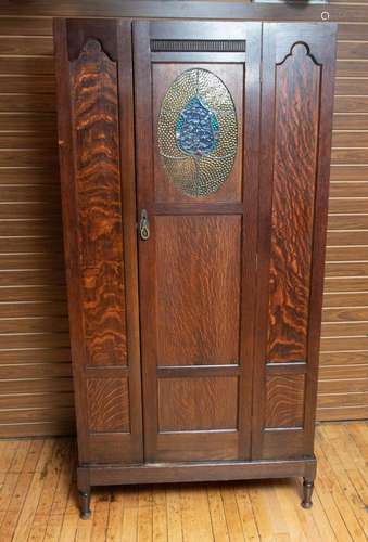 OAK AND STAINED GLASS CUPBOARD, H 72", W 36", D 18...