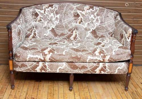 CARVED MAHOGANY SHERATON INFLUENCED SETTEE, H 36" W 51&...