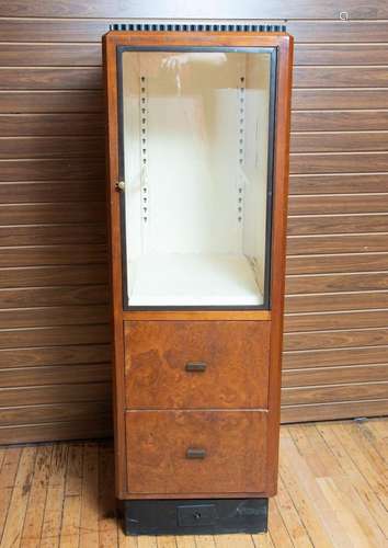 BURL WALNUT DISPLAY CABINET, H 58" W 19" D 24"...