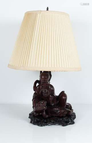 ASIAN CARVED WOOD SCULPTURAL LAMP, H 22", W 9"