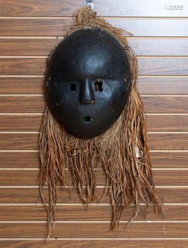 AFRICAN CARVED WOOD AND STRAW MASK H 17" W 13"