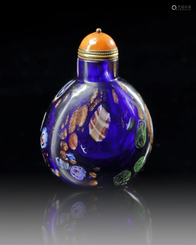 A LARGE CHINESE BLUE-GROUND COLORED GLASS SNUFF BOTTLE, 19TH...