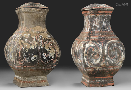 A PAIR OF CHINESE POTTERY 'FANG HU' VASES, HAN DYN...