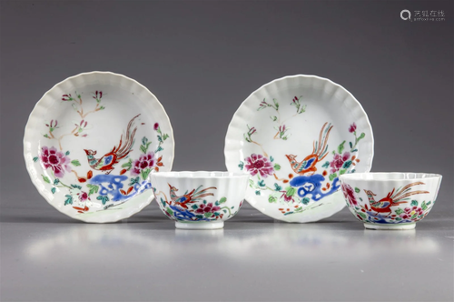 TWO PAIRS OF CHINESE FAMILLE ROSE CUPS AND SAUCERS, 18TH CEN...