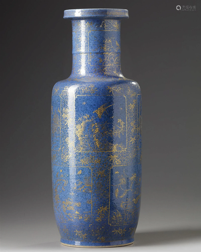 A CHINESE POWDER-BLUE GROUND GILT DECORATED ROULEAU VASE, 19...