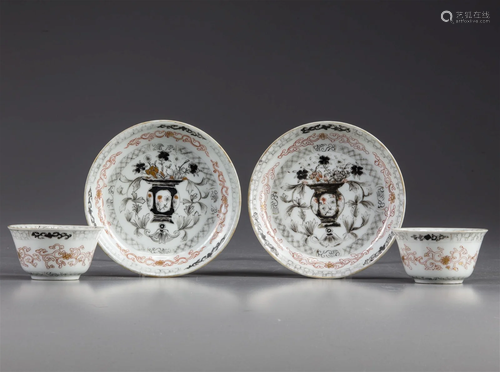 TWO PAIR OF CHINESE GRISAIILE AND ROUGE-DE FER DECORATED CUP...