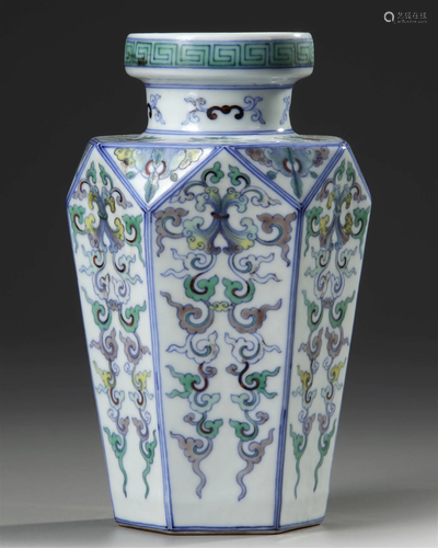 A CHINESE HEXAGONAL DOUCAI VASE 19TH/20TH CENTURY