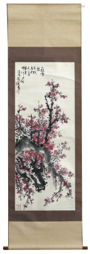 A CHINESE CHERRY BLOSSOMING TREE SCROLL 20TH CENTURY