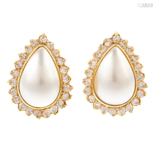 A Pair of Pear-Shaped Mabe Pearl Diamond Earrings