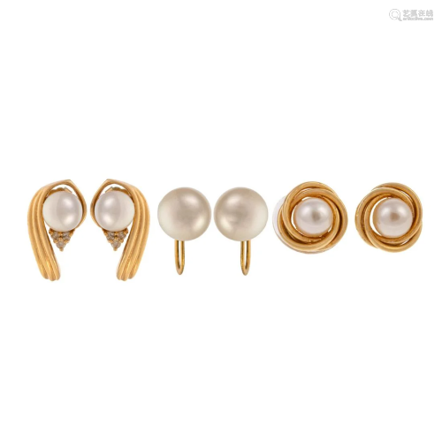 Three Pairs of 14K Yellow Gold Pearl Earrings