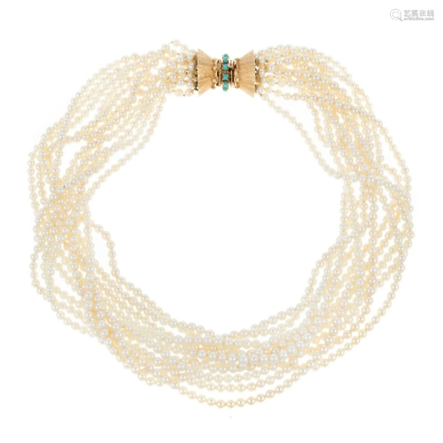 A Mid-Century Pearl Choker with 14K Turquoise Clasp