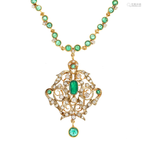 An Emerald & Diamond Necklace with Antique Pendant