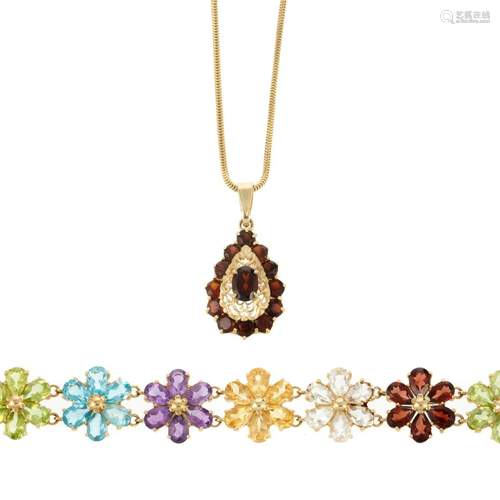 A Floral Gemstone Bracelet & Garnet Pendant in 14K