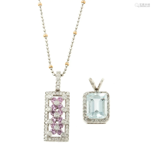 An Aquamarine & Pink Topaz Pendant with Diamonds