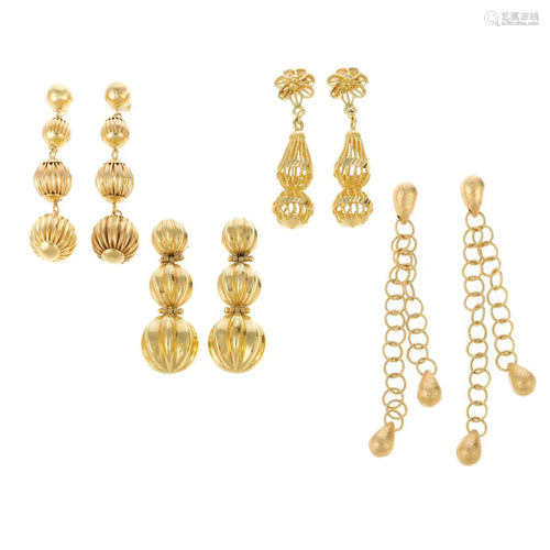 Four Pairs of 14K Yellow Gold Dangle Earrings