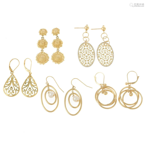 Five Pairs of Dangle Earrings in 14K & 18K