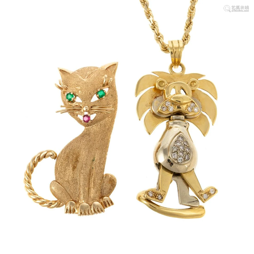 An 18K Cat Pendant & 14K Cat Pin & Rope Chain