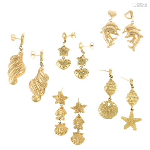 Five Pairs of Dangle Earrings in 14K