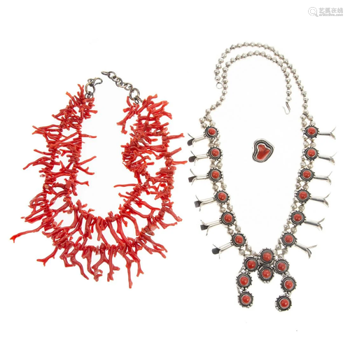 A Coral Squash Blossom Necklace, Ring & More